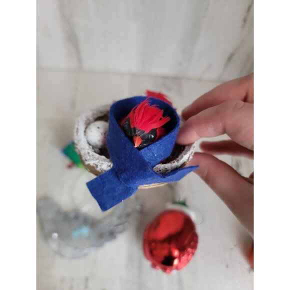 Red owl cardinal variety bird ornament Xmas set glitter - Picture 5 of 5